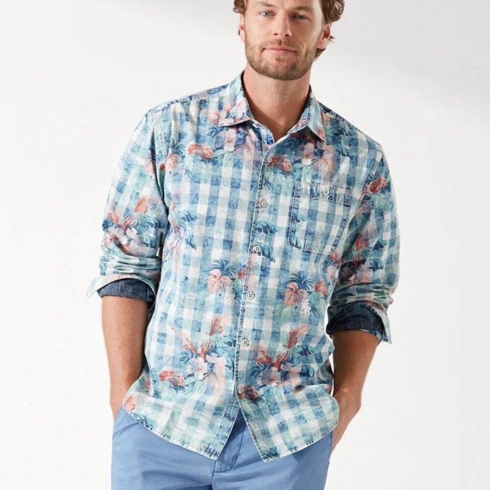 Tommy Bahama Hawaiian Long Sleeve Pacific Coast Plaid Shirt Size L Cotton 138$
